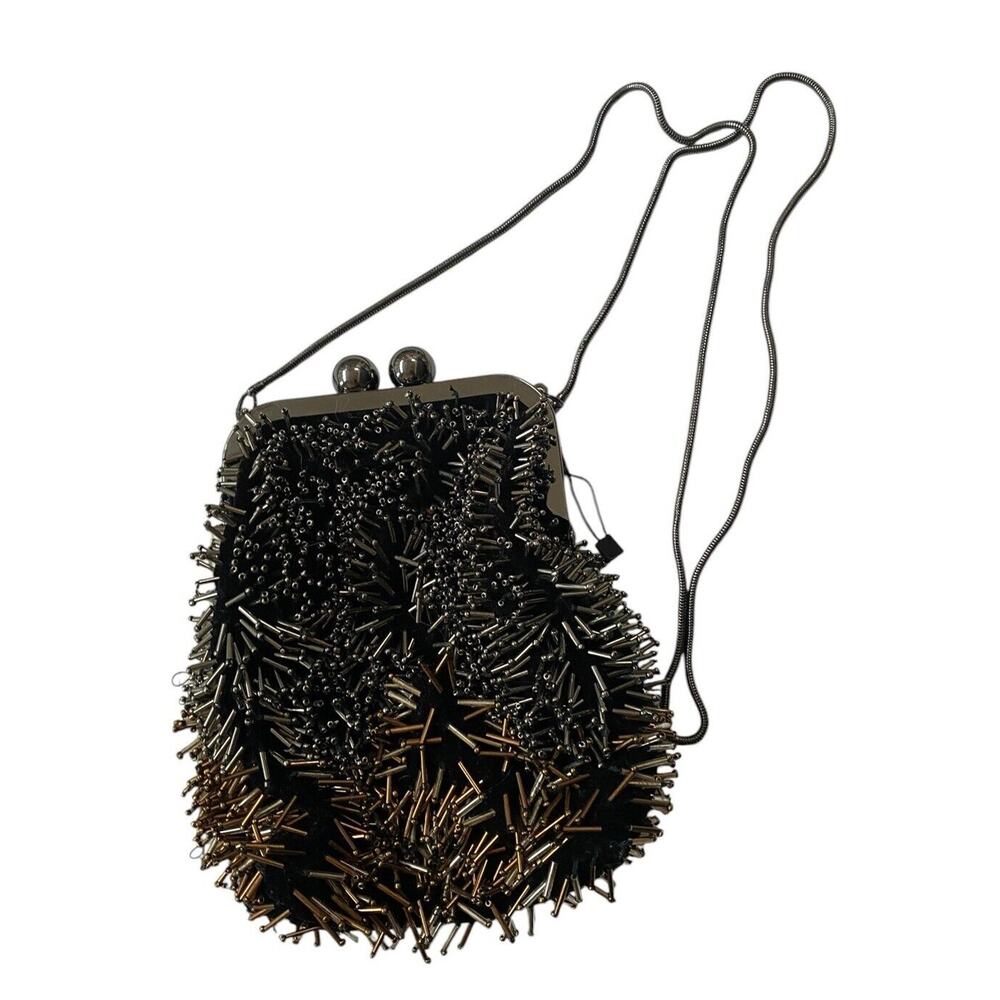 Zara Metal Spike Fringe Beaded Crossbody Bag Kiss Lock Purse Black Gold Silver
